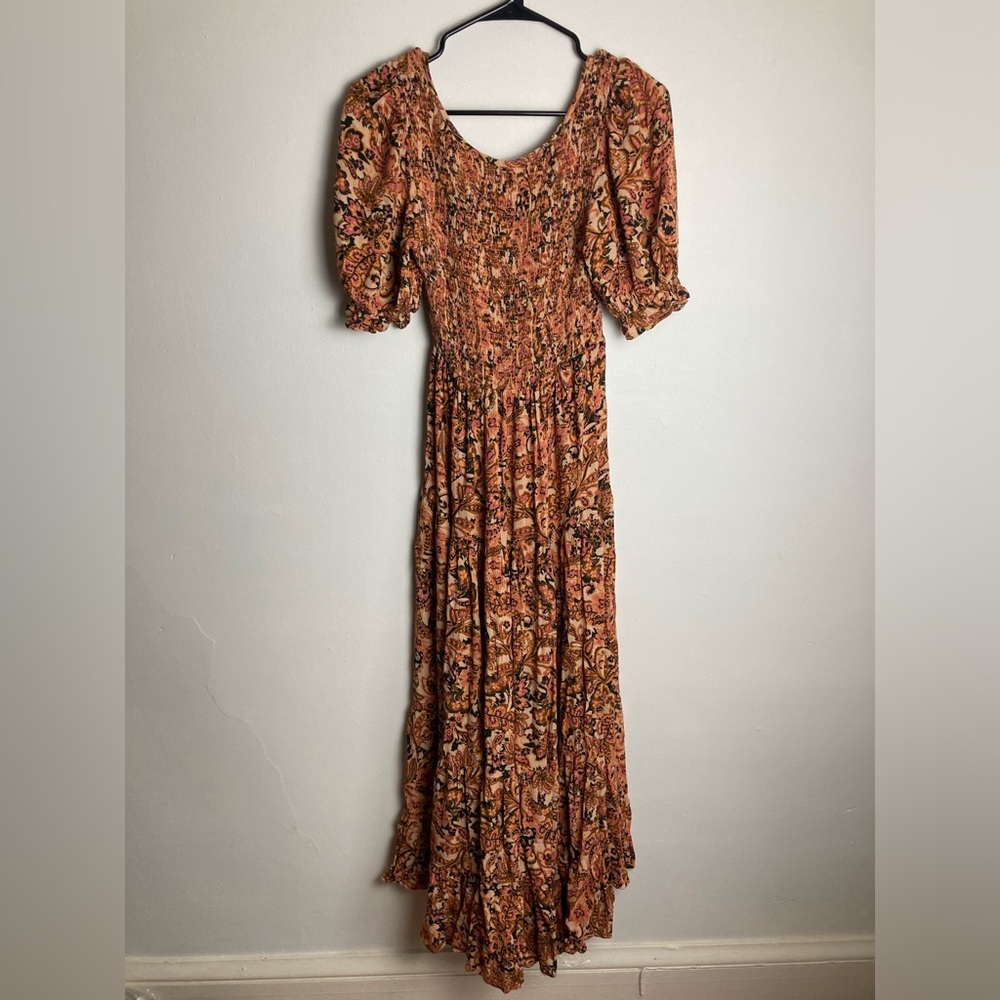 Floral Paisley Tiered Maxi Dress Smocked Top Puff Sleeve Boho Summer Beach small